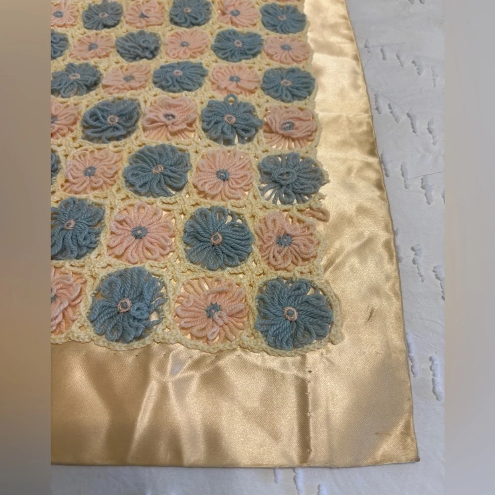Vintage Hand Made Crochet Baby Blanket 22.5” x 34” Silk trim Pink Blue Rosettes*